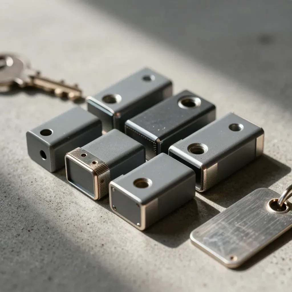 Pallet seals, crate corners, and a locked aluminium tag arranged on cool concrete in macro detail.