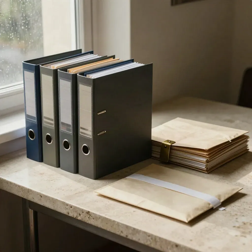Charcoal binders, steel trays and brass tags on pale stone in soft late-morning light.