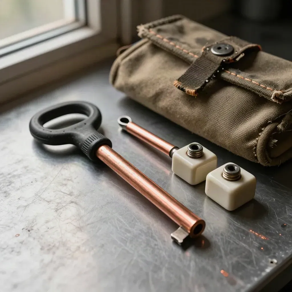 Meter key, cable lug, fuse block, and service pouch on brushed metal under soft daylight.