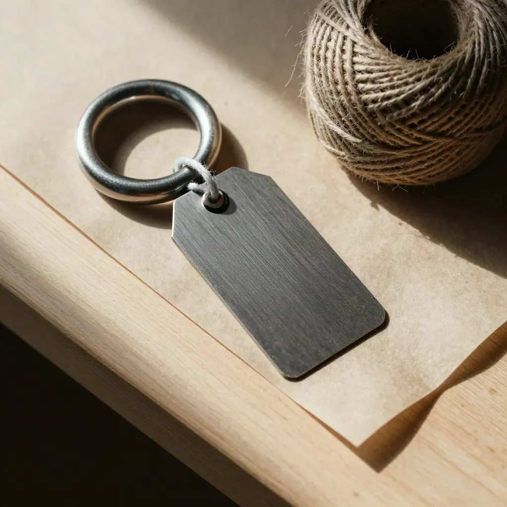 Cargo seal, twine spool, and metal tag on pale wood in a calm import-trade still life.