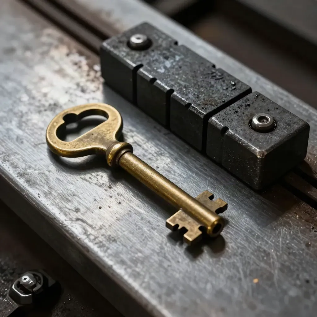 Brass signal key, steel track clip and inspection block on brushed metal in dramatic workshop light.