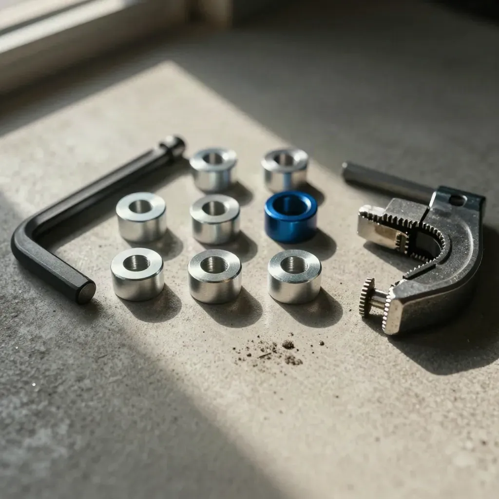 Machined aluminium spacers, hex keys and a clamp jaw on concrete with fine metal dust