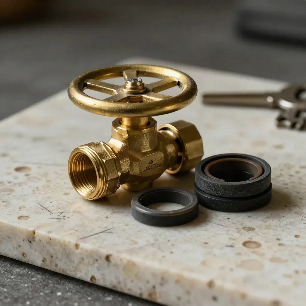 Brass valve wheel, pipe collar and gasket rings on pale stone in dramatic light.