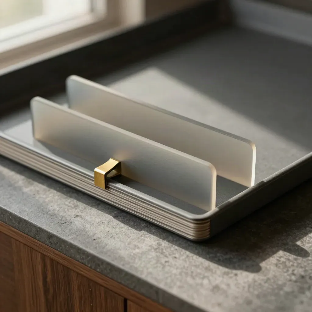 Charcoal document tray with dividers and a brass clip on graphite stone, macro close-up.