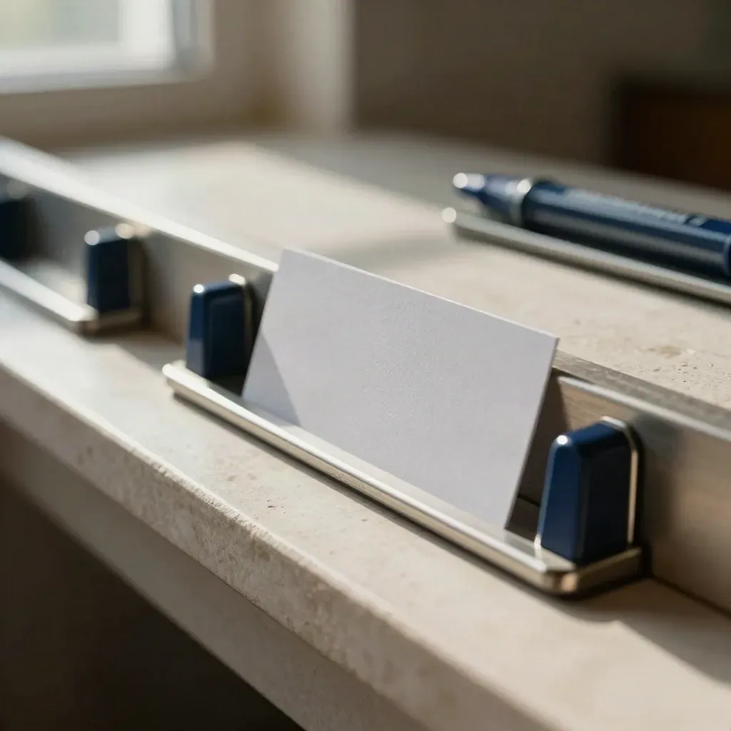 Brushed-metal workflow sliders on pale stone rail with a midnight-blue accent