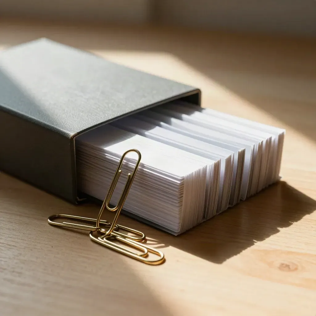 Top-down still life of index box, card sleeves and brass paper clips on pale wood.