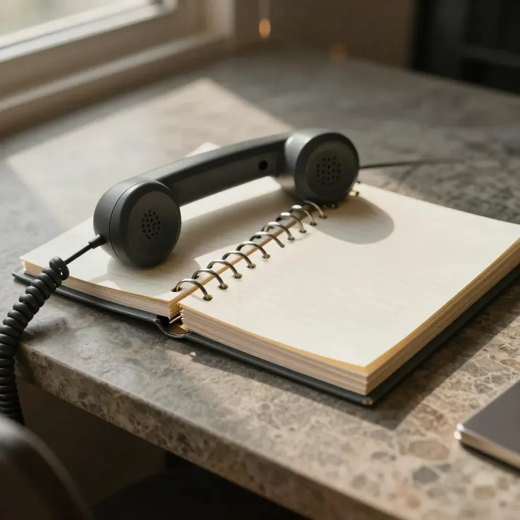 Desk handset beside a ring binder and clipped follow-up slips on warm stone.