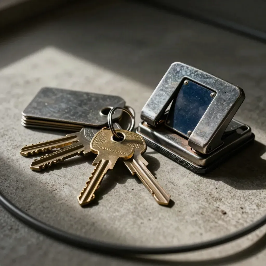 Warehouse key ring, lockout tags and ticket punch on concrete, seen through a blurred cable loop.