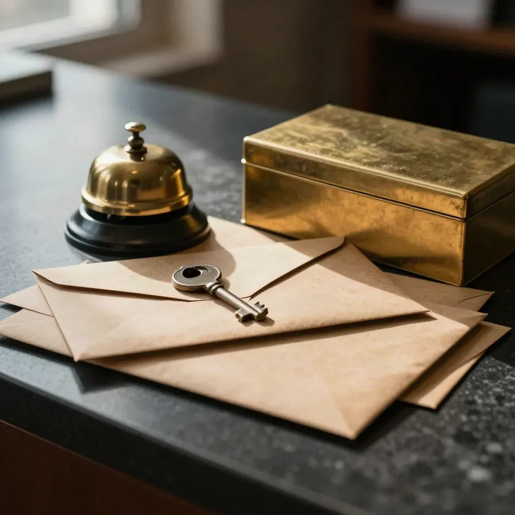 Brass desk bell, courier envelopes, and index box on dark stone in dramatic light