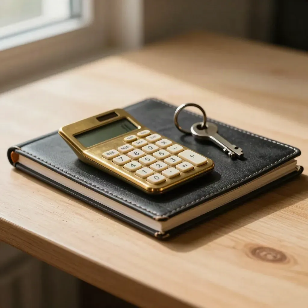 Brass calculator, cash key, and ledger binder on pale wood in macro detail.