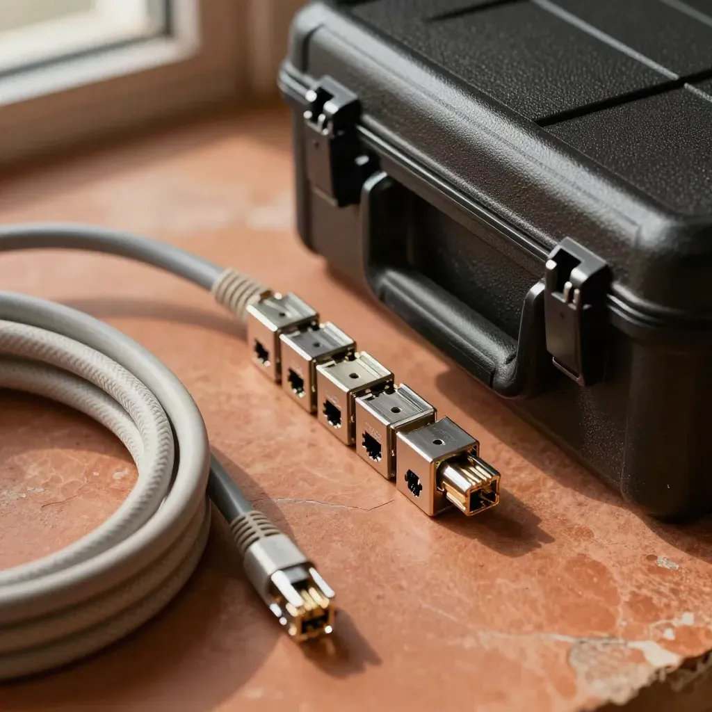 Ethernet patch leads and metal adapters beside a small case on warm stone.
