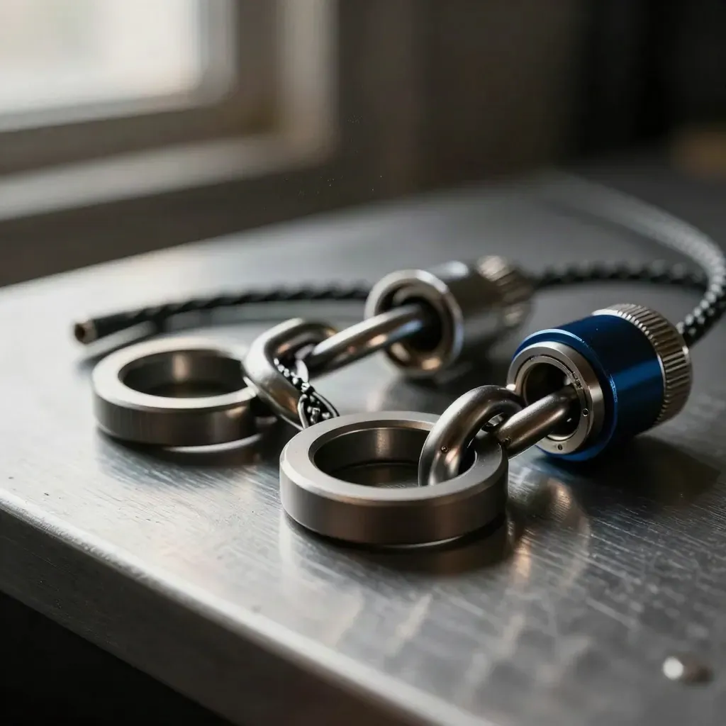 Linked matte-metal rings, braided cable loop, and precision couplers on brushed metal