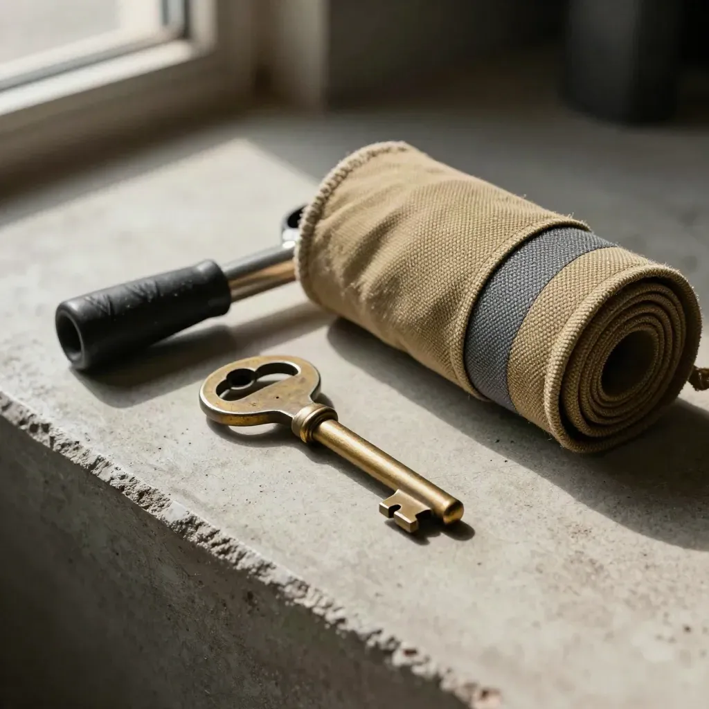 Rail signal key, maintenance torch, and coiled tool roll on pale concrete in misty light.