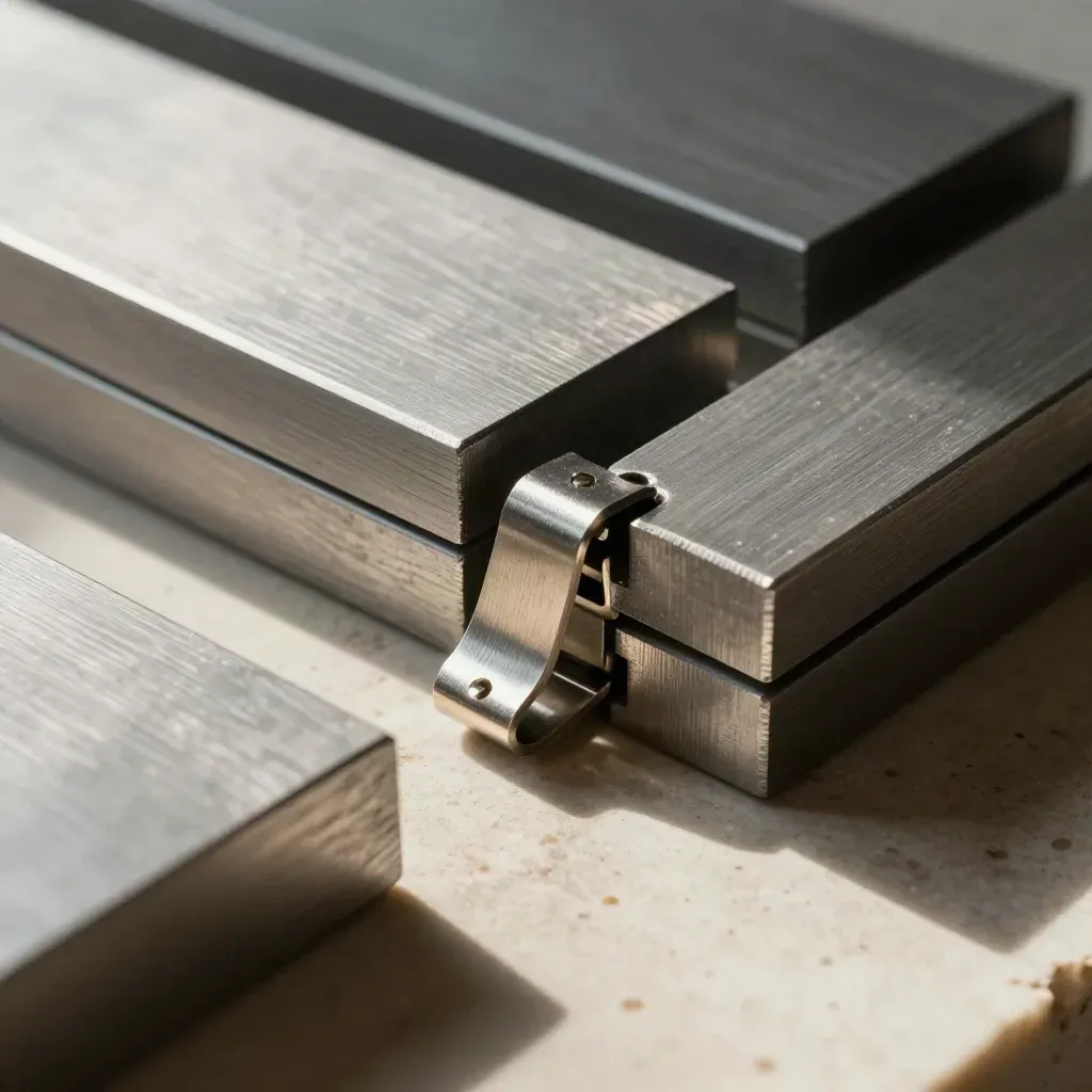 Overhead macro of aluminium blocks joined by a steel bridge clip on pale limestone.