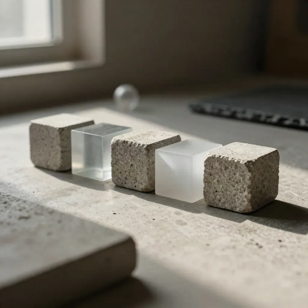Stone cubes and frosted acrylic blocks aligned on concrete in soft directional light.