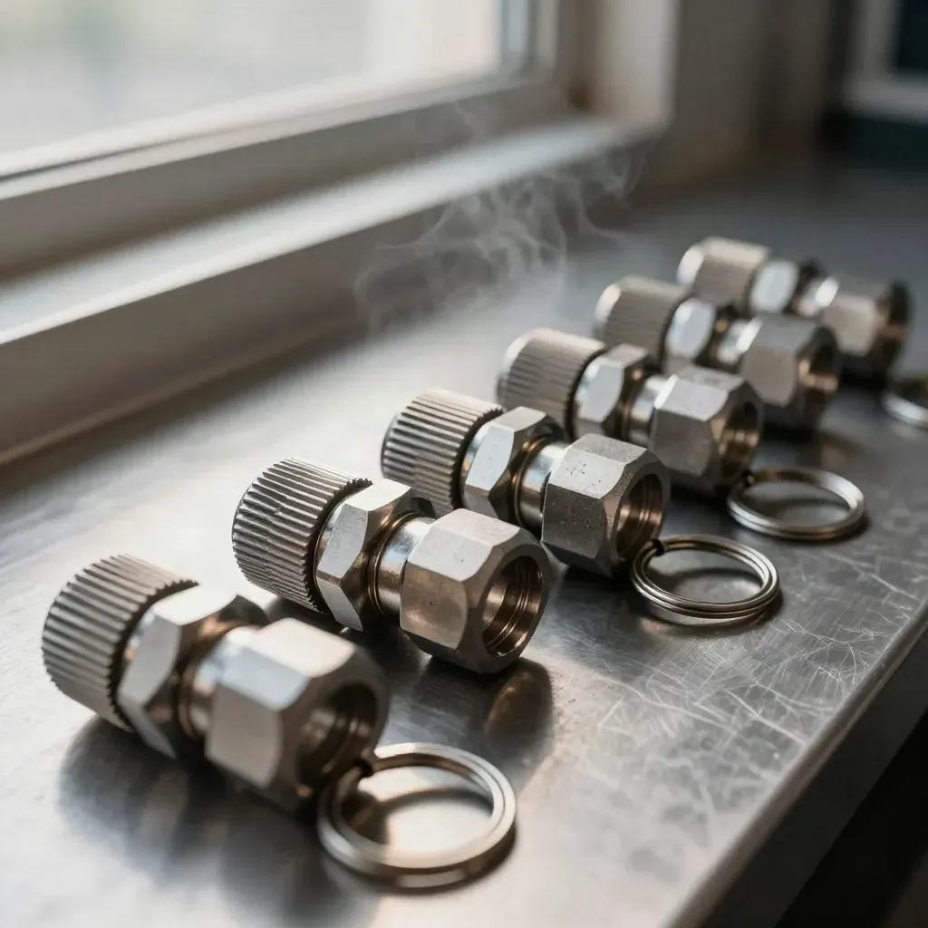 Metal connectors and a keyring assembly on brushed steel in soft daylight.