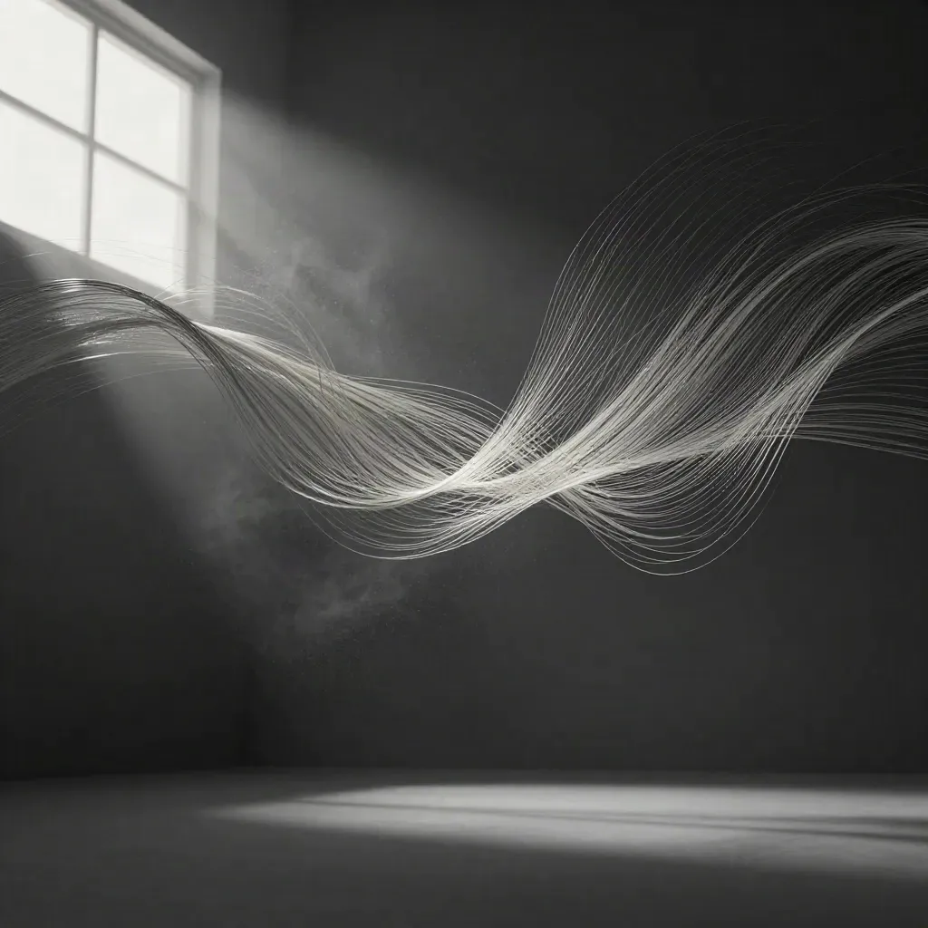 Silver light filaments bloom in graphite haze with open space for copy.